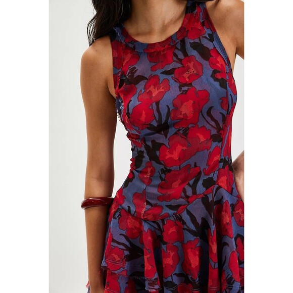Free People Raven Printed Mini Dress Floral Smocked Tiered Cutout S New 281316 - Picture 2 of 8